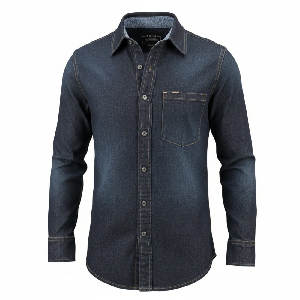 TRIM Mens Dark Wash Denim Button Up Shirt Long Sleeve Casual Med‎ Lux  Western